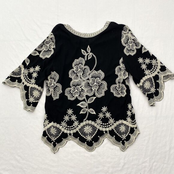 Solitaire Embroidered Top 3/4 Sleeve Black Scalloped Edges Boho Peasant Small - Picture 2 of 7
